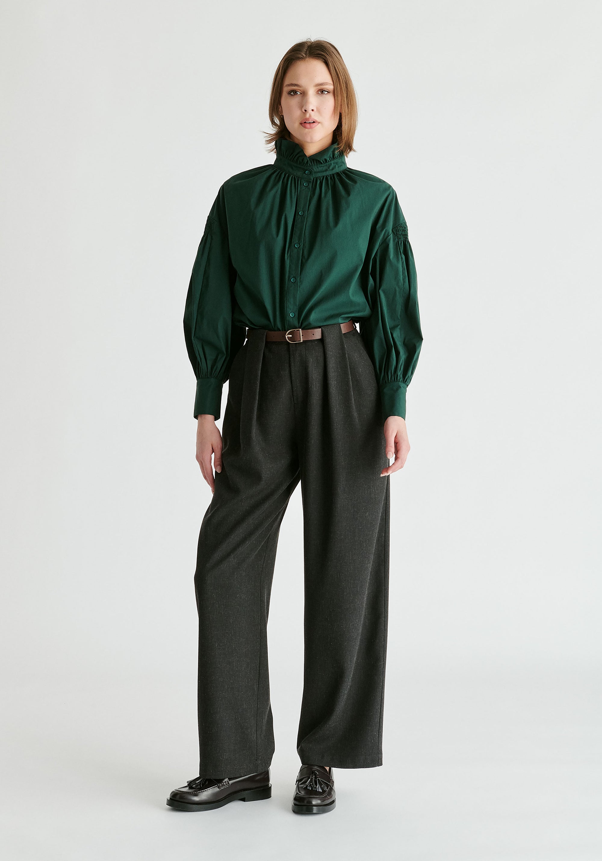 Puff Sleeve Shirt with Ruffled Collar in Dark Green