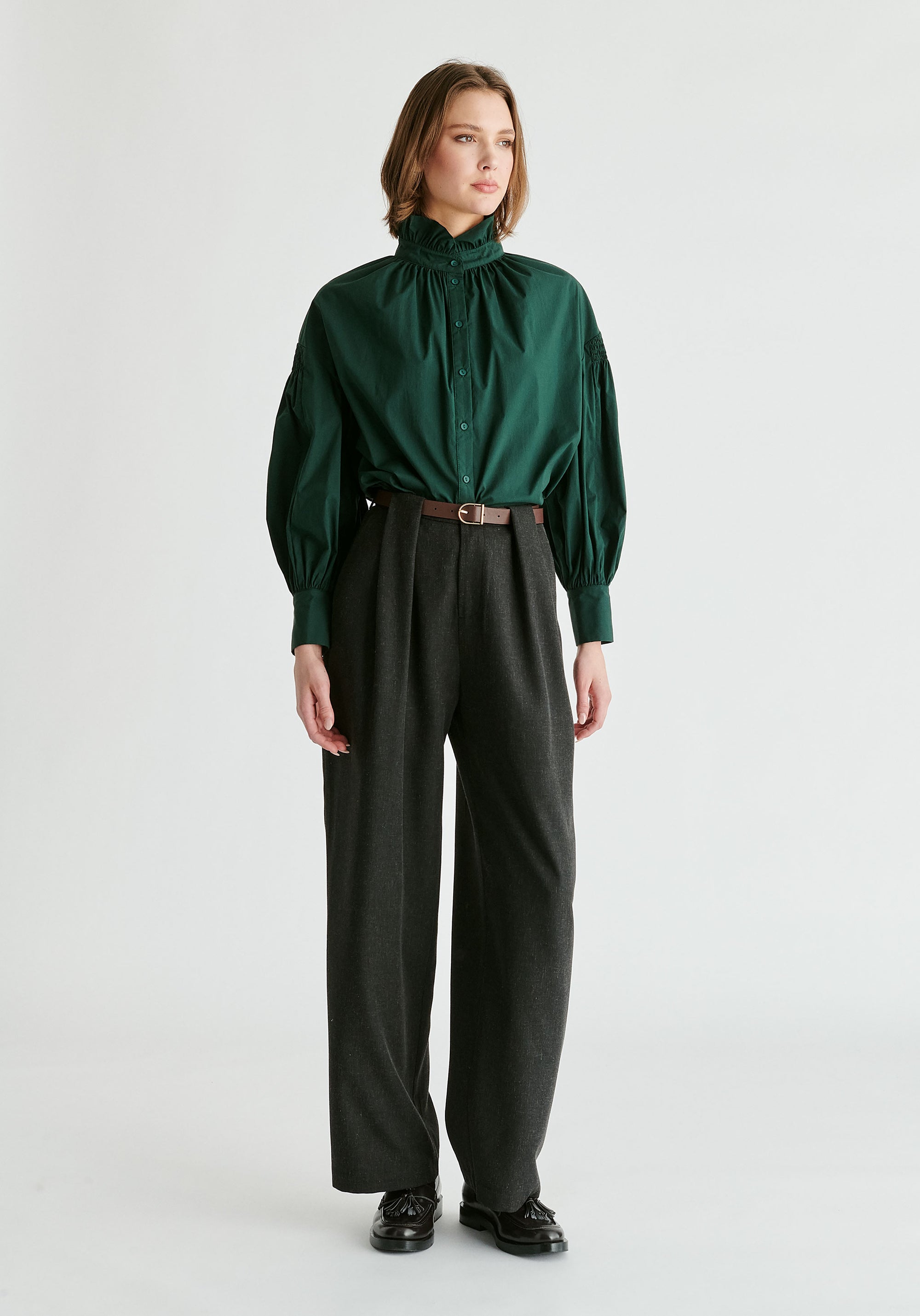 Puff Sleeve Shirt with Ruffled Collar in Dark Green Front