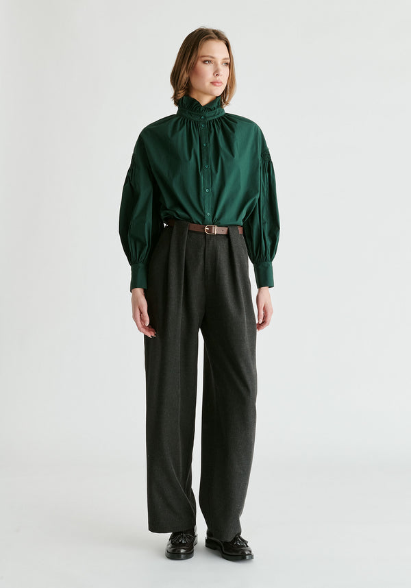 Puff Sleeve Shirt with Ruffled Collar in Dark Green Front
