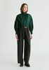 Puff Sleeve Shirt with Ruffled Collar in Dark Green Front