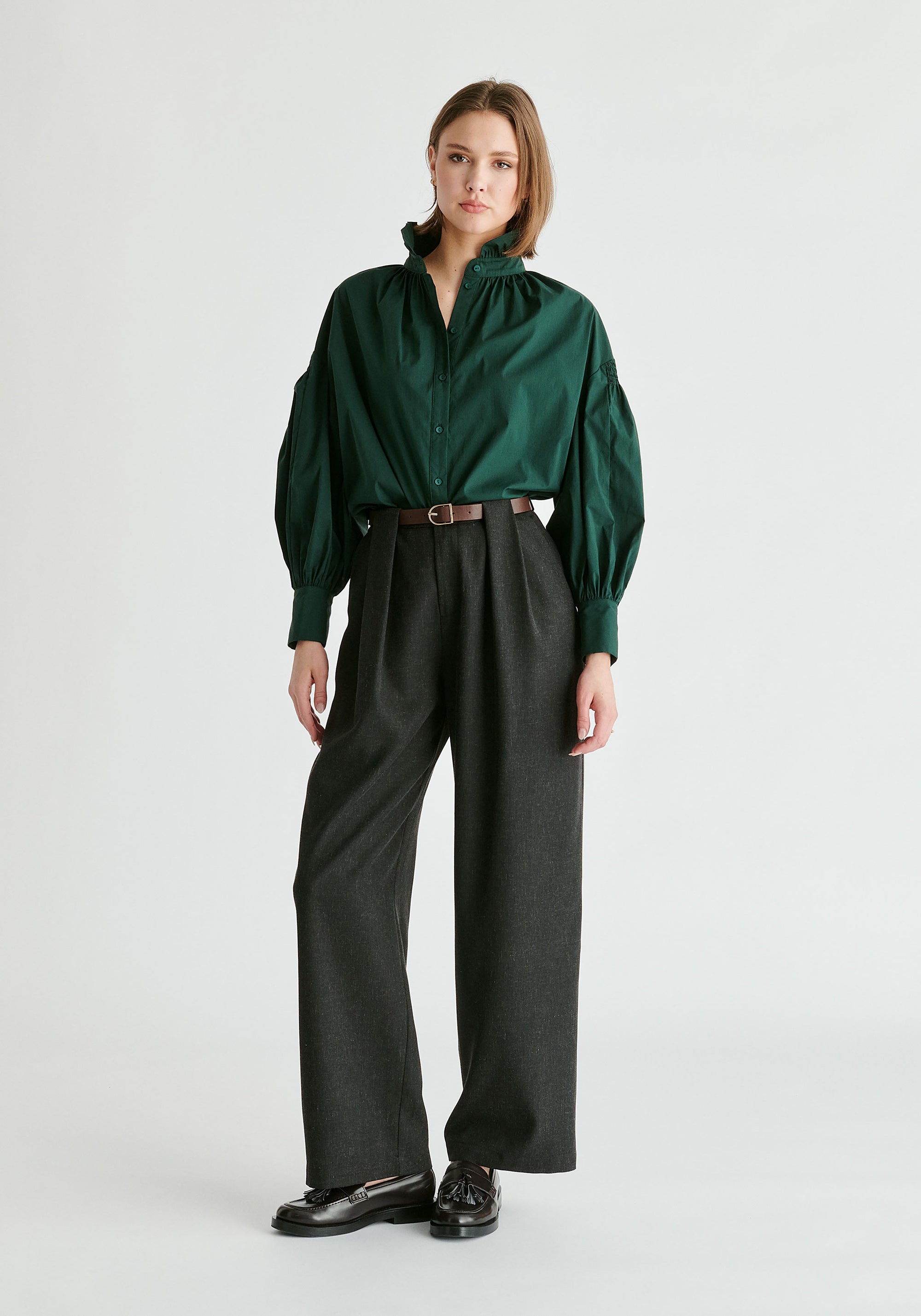 Puff Sleeve Shirt with Ruffled Collar in Dark Green Front