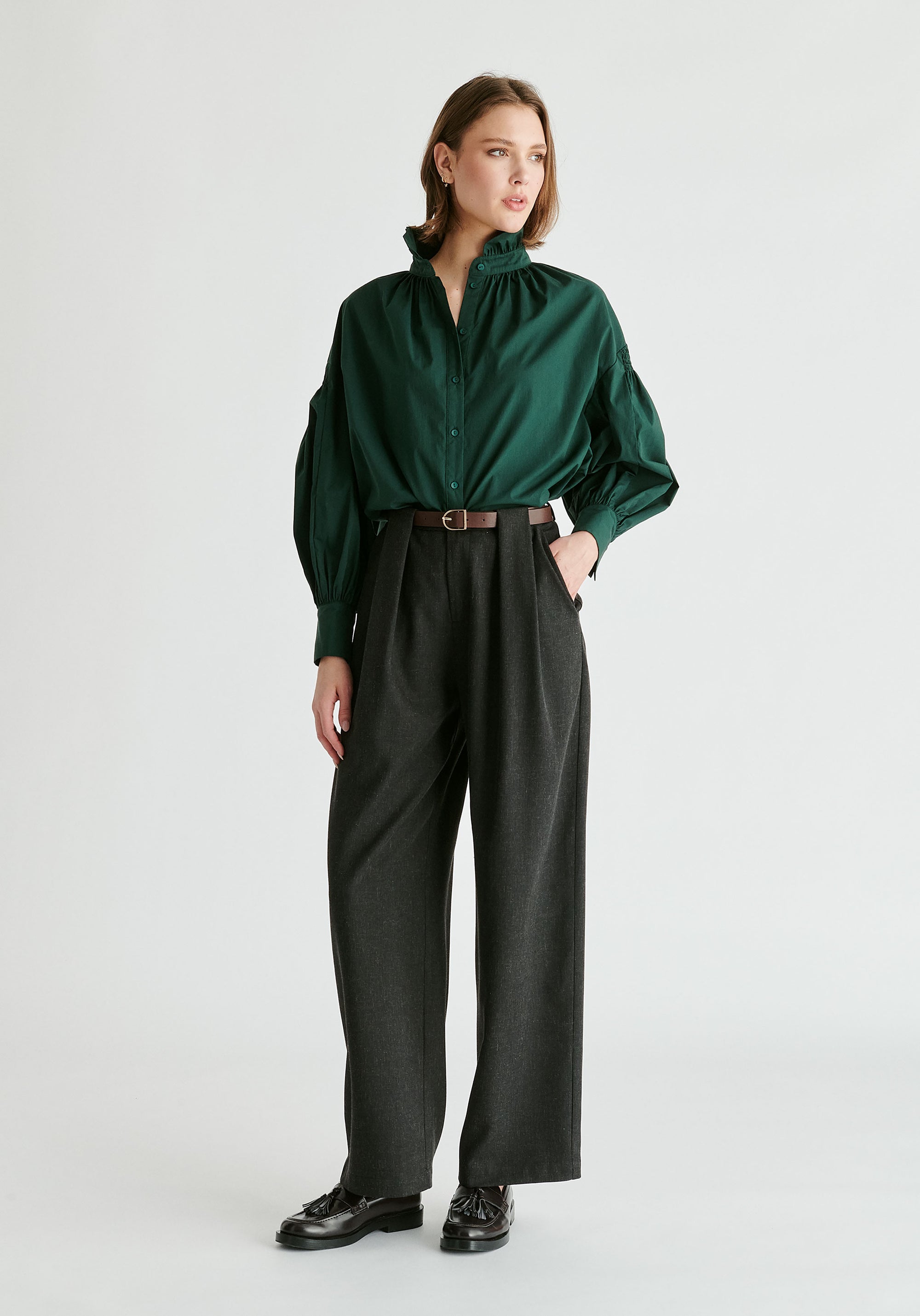 Puff Sleeve Shirt with Ruffled Collar in Dark Green Front