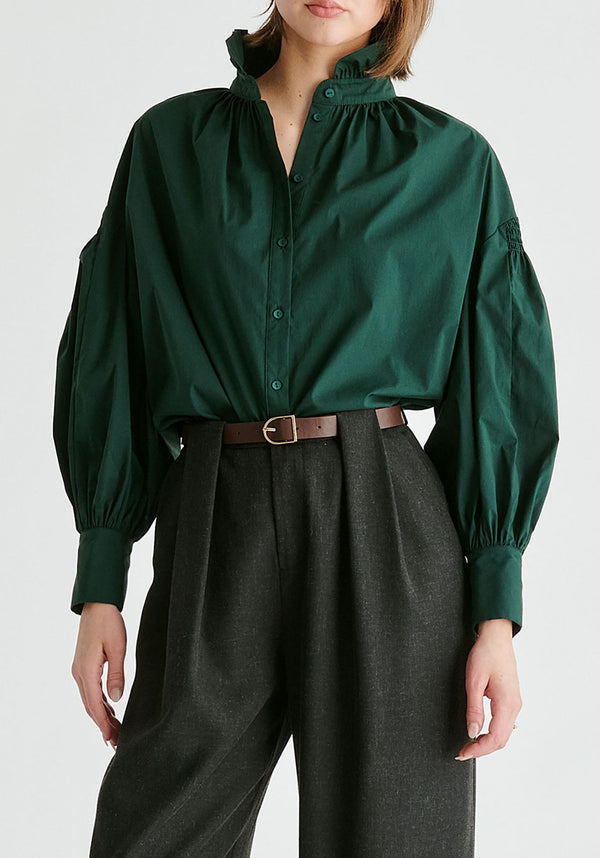 Puff Sleeve Shirt with Ruffled Collar in Dark Green Closeup