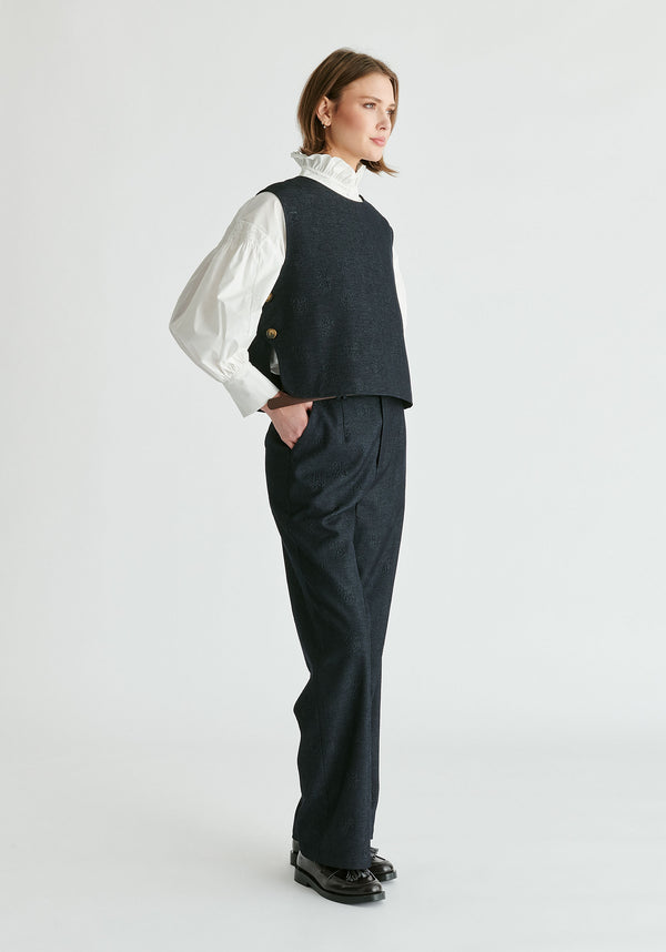 Denim Effect Top in Embossed Print in Dark Denim Blue Side