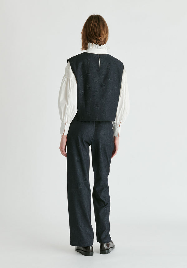 Denim Effect Top in Embossed Print in Dark Denim Blue Back