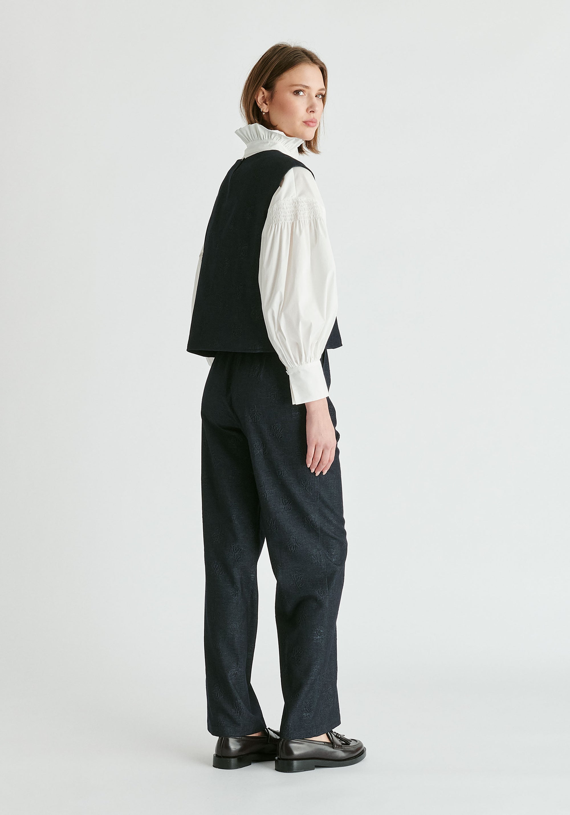 Denim Effect Top in Embossed Print in Dark Denim Blue Side