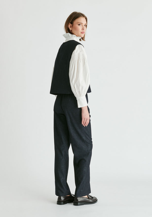 Denim Effect Top in Embossed Print in Dark Denim Blue Side