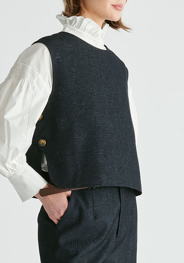 Denim Effect Top in Embossed Print in Dark Denim Blue