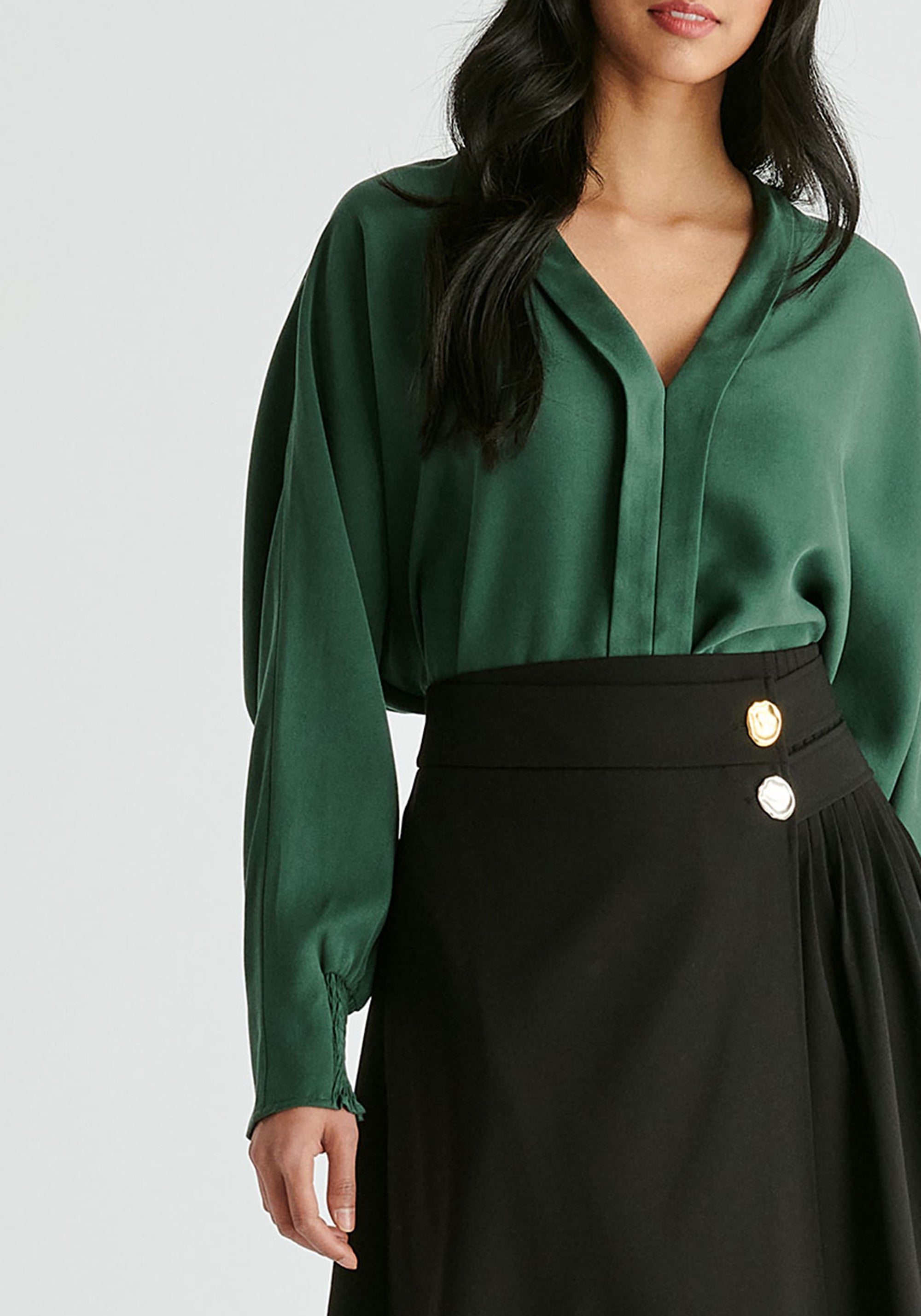 V-Neck Batwing Blouse in Green Closeup