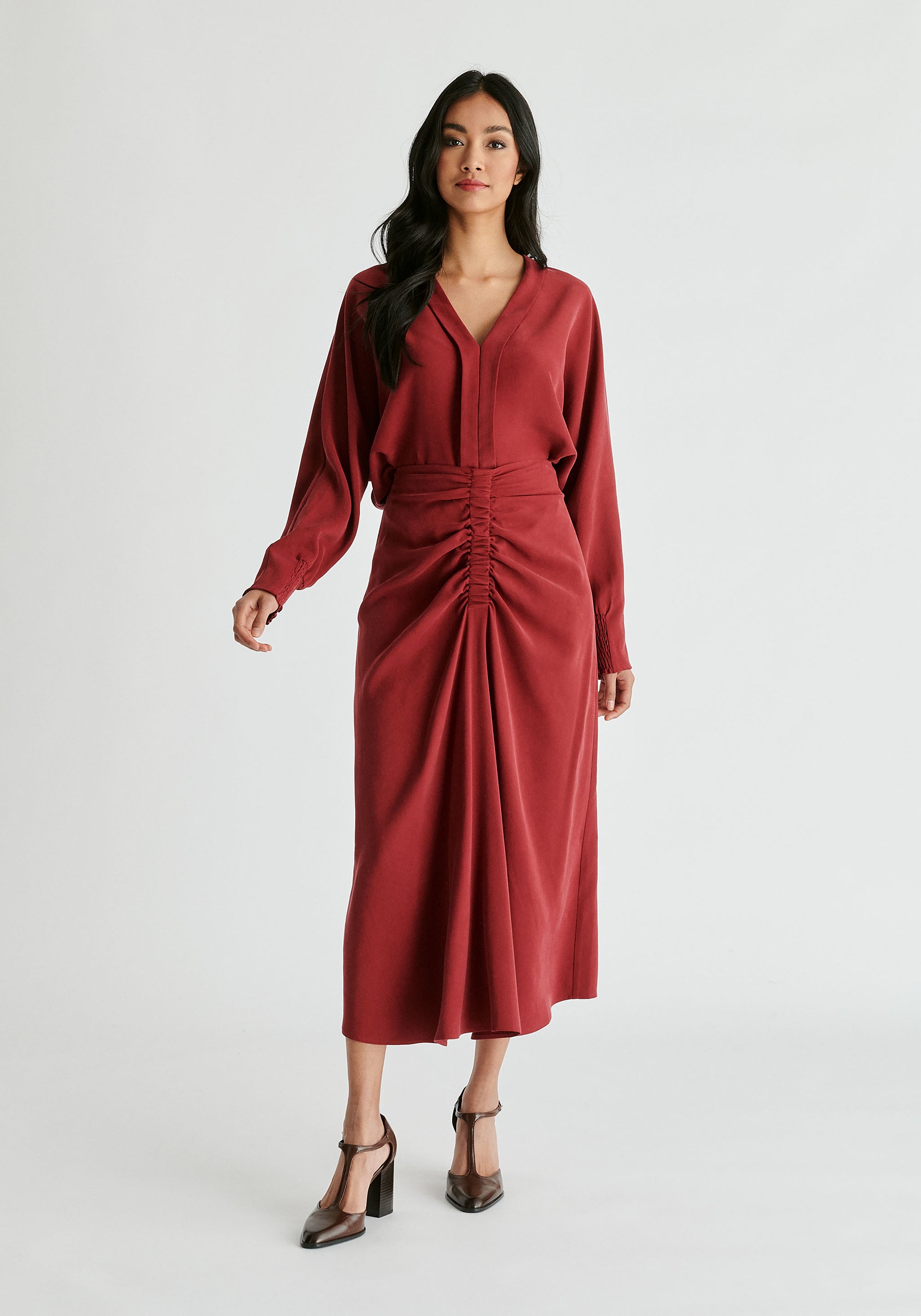 V-Neck Batwing Blouse in Burgundy Front