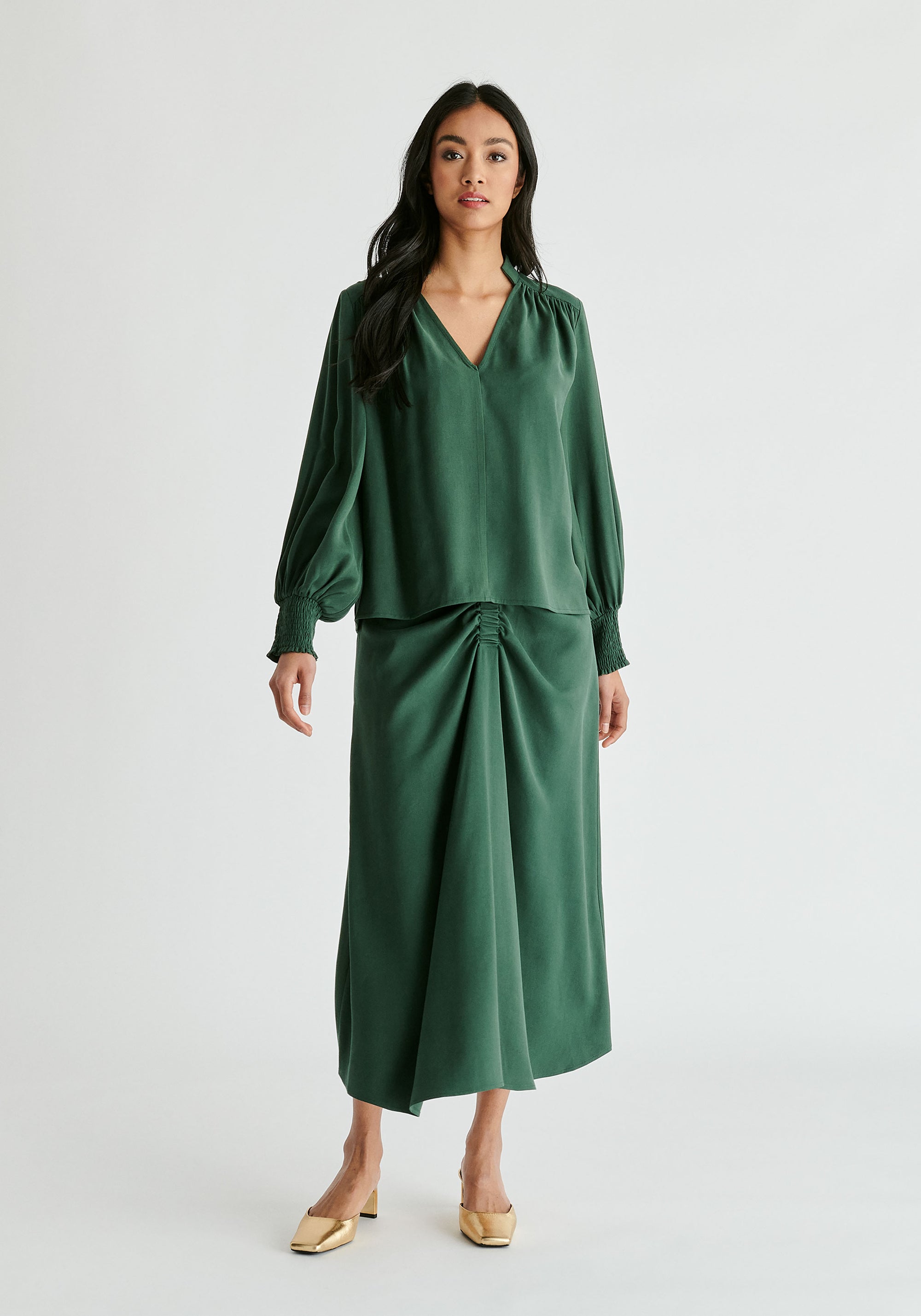 V-Neck Blouse with Gathered Detail in Green Front