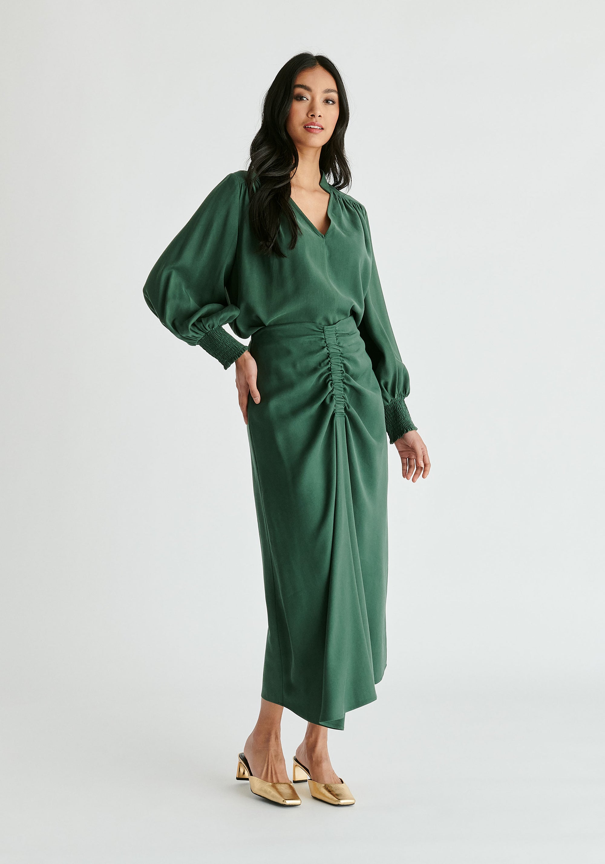 V-Neck Blouse with Gathered Detail in Green Side