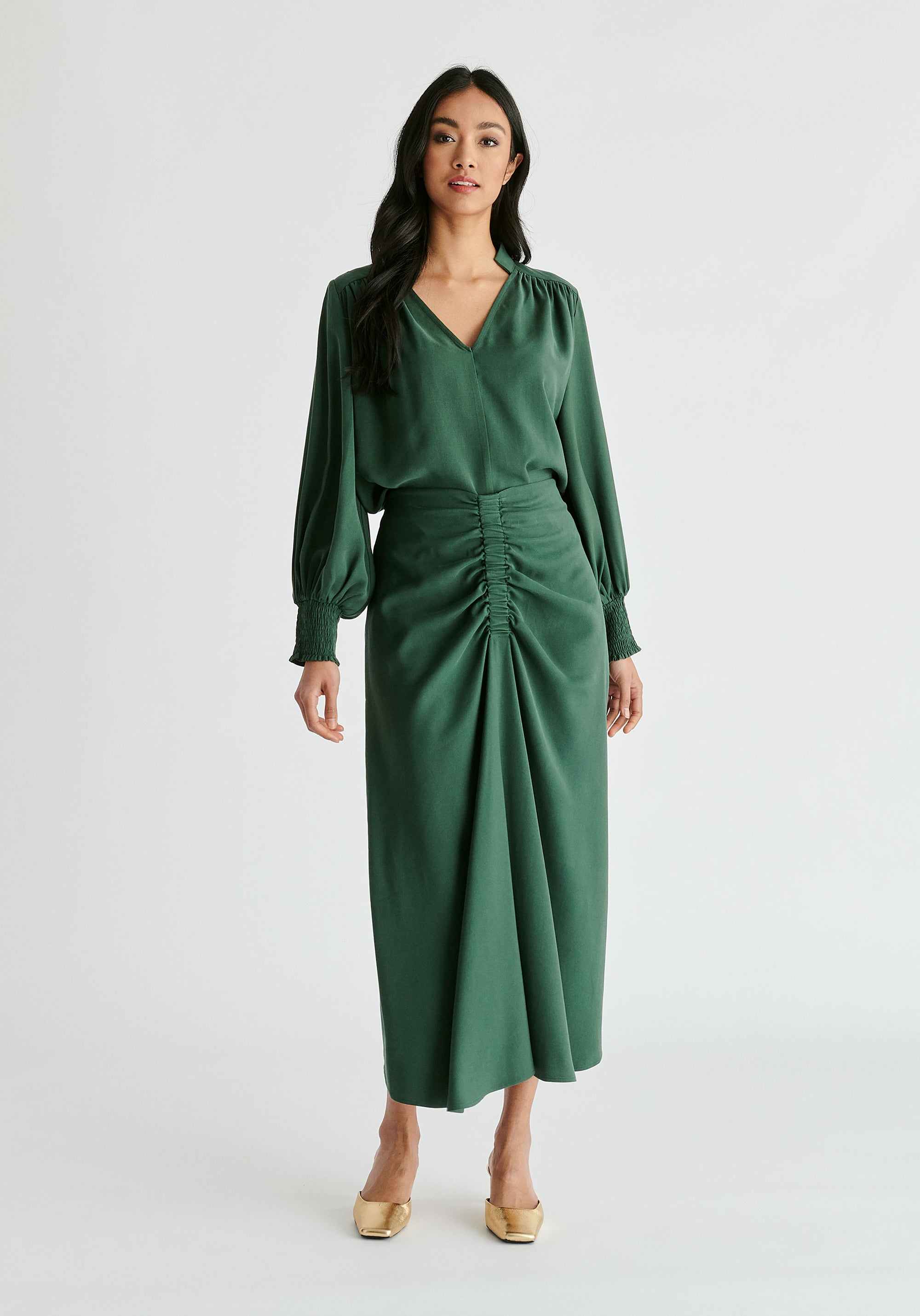 V-Neck Blouse with Gathered Detail in Green Front