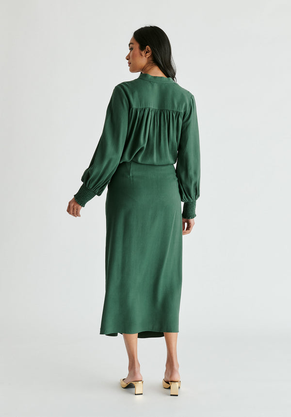 V-Neck Blouse with Gathered Detail in Green Back