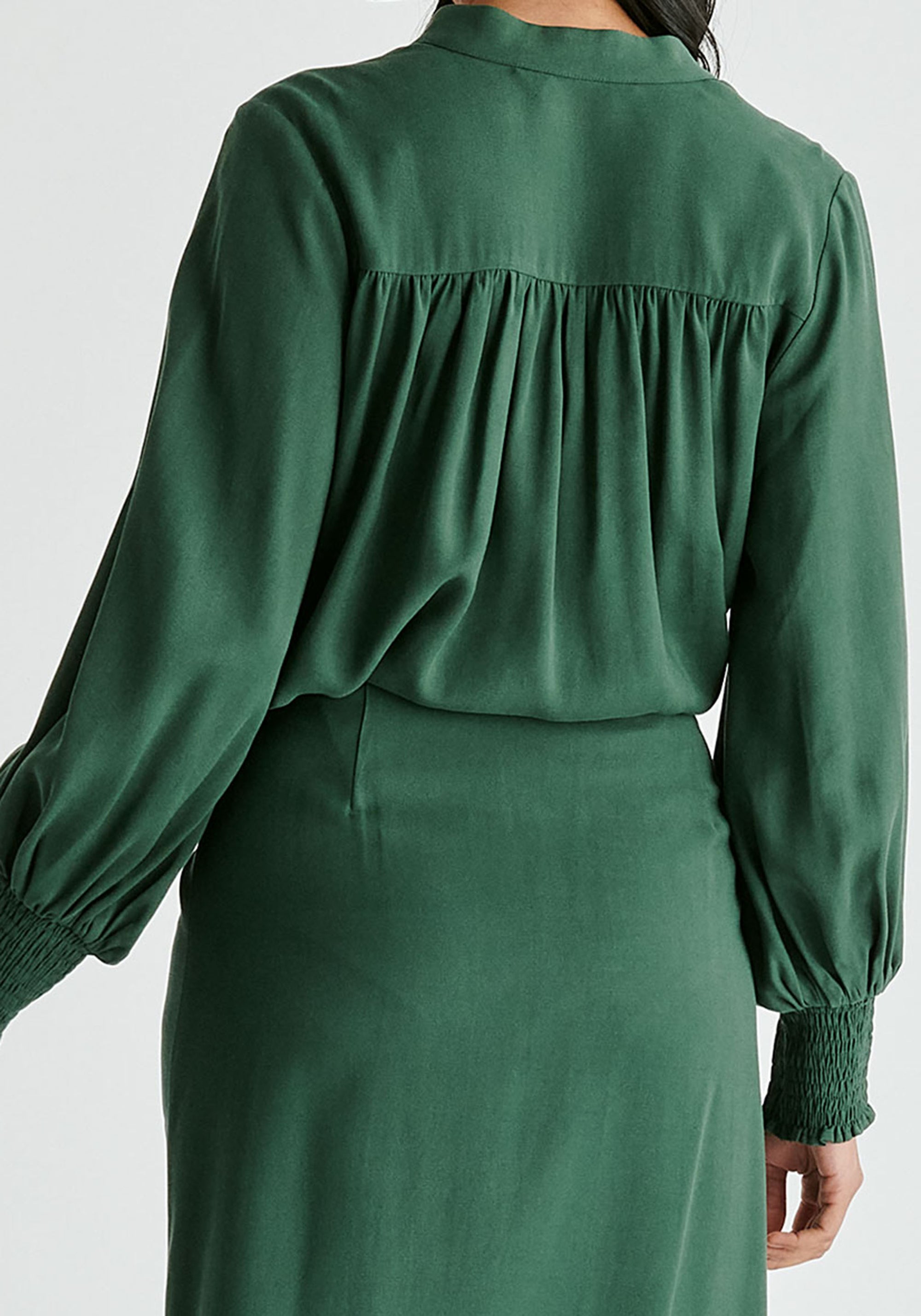 V-Neck Blouse with Gathered Detail in Green Closeup