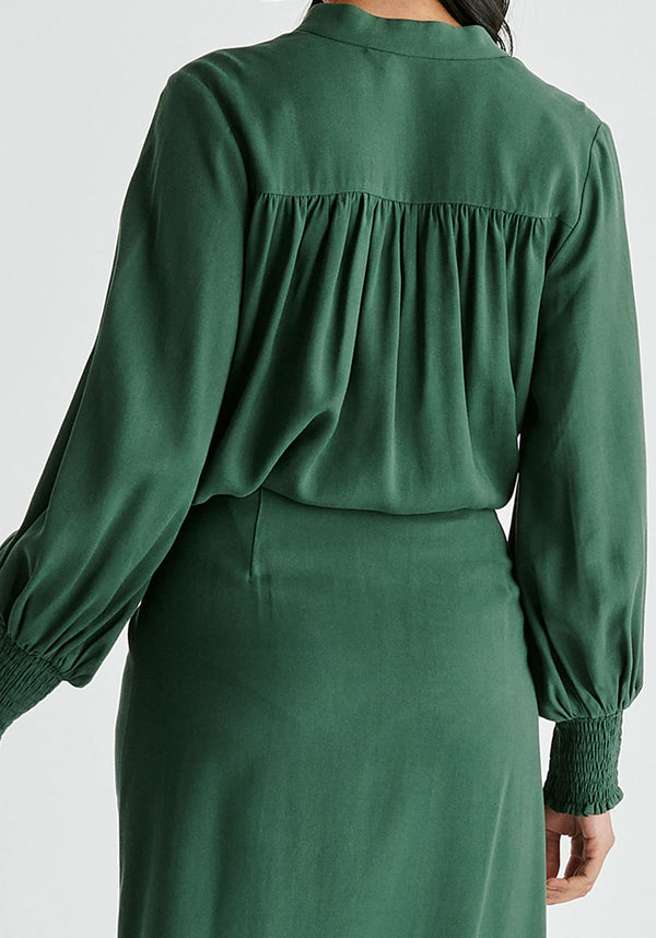 V-Neck Blouse with Gathered Detail in Green Closeup