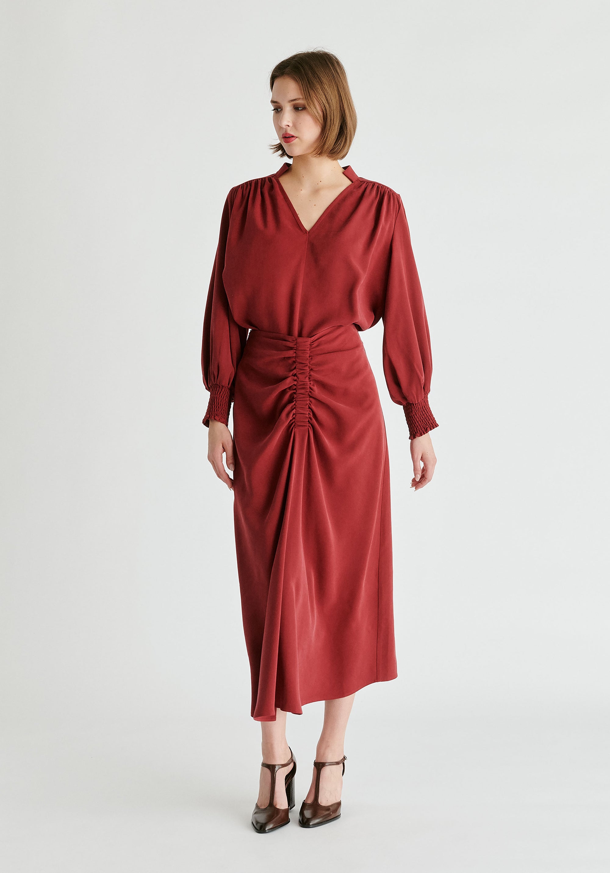 V-Neck Blouse with Gathered Detail in Burgundy