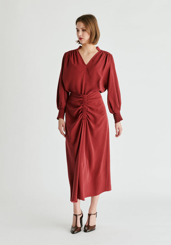 V-Neck Blouse with Gathered Detail in Burgundy