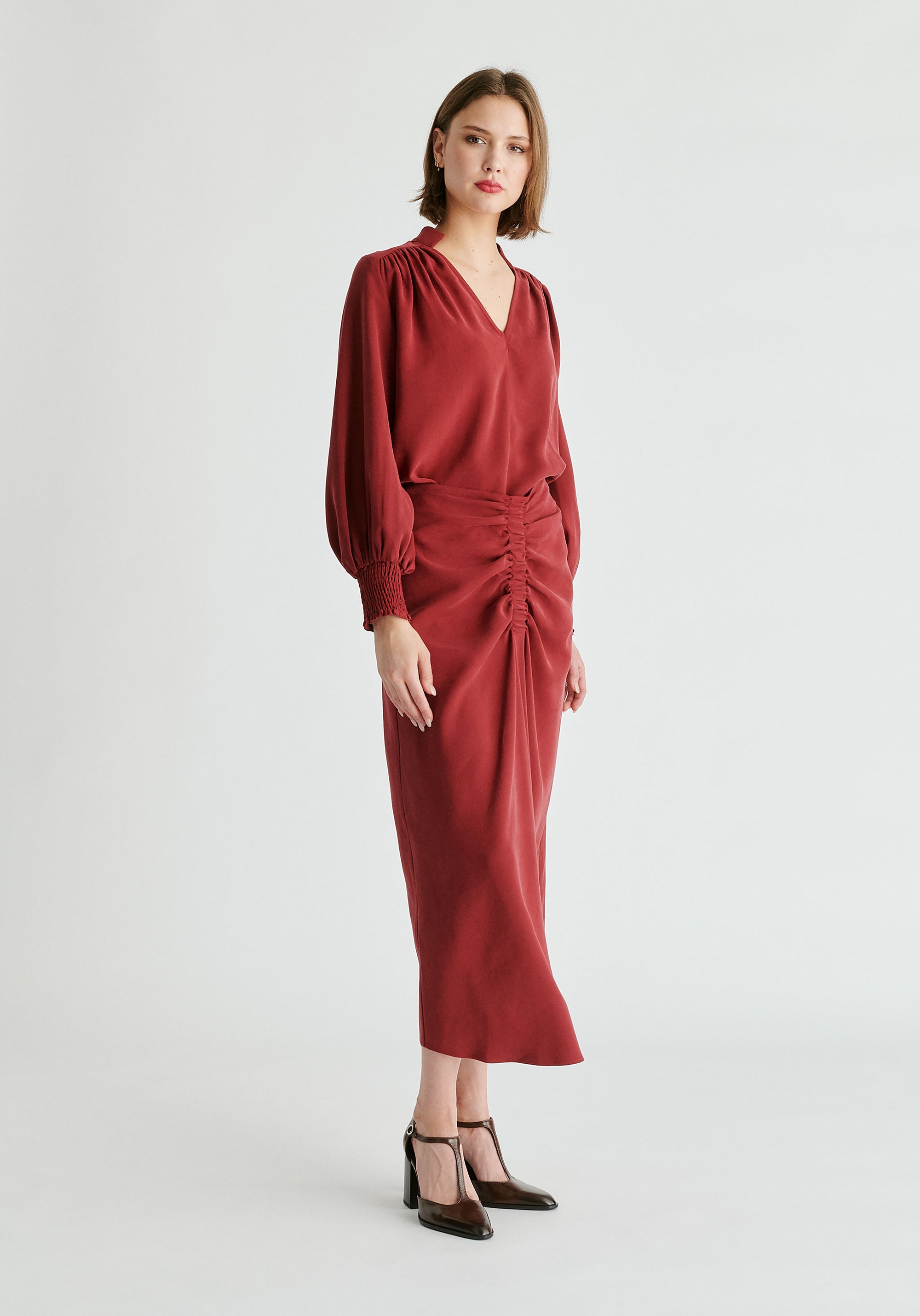 V-Neck Blouse with Gathered Detail in Burgundy Side