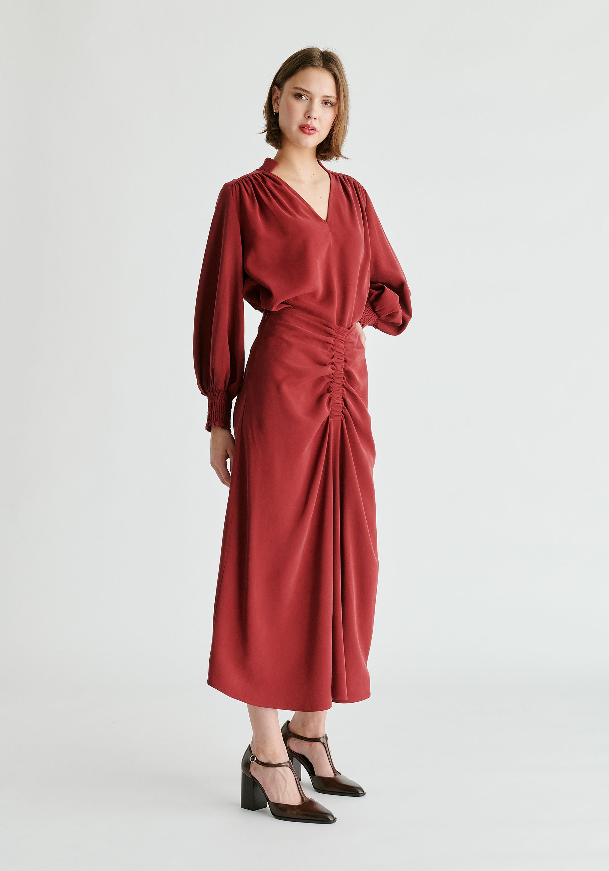 V-Neck Blouse with Gathered Detail in Burgundy Side