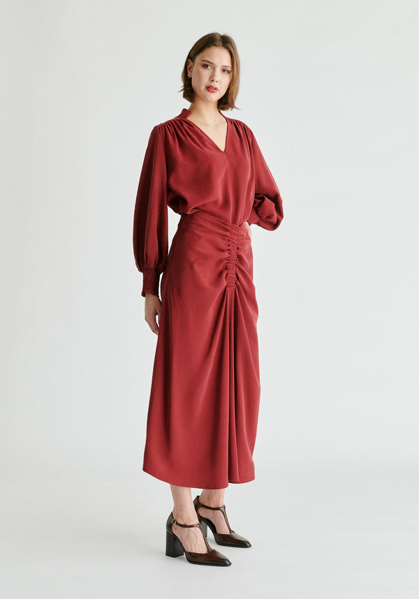 V-Neck Blouse with Gathered Detail in Burgundy Side