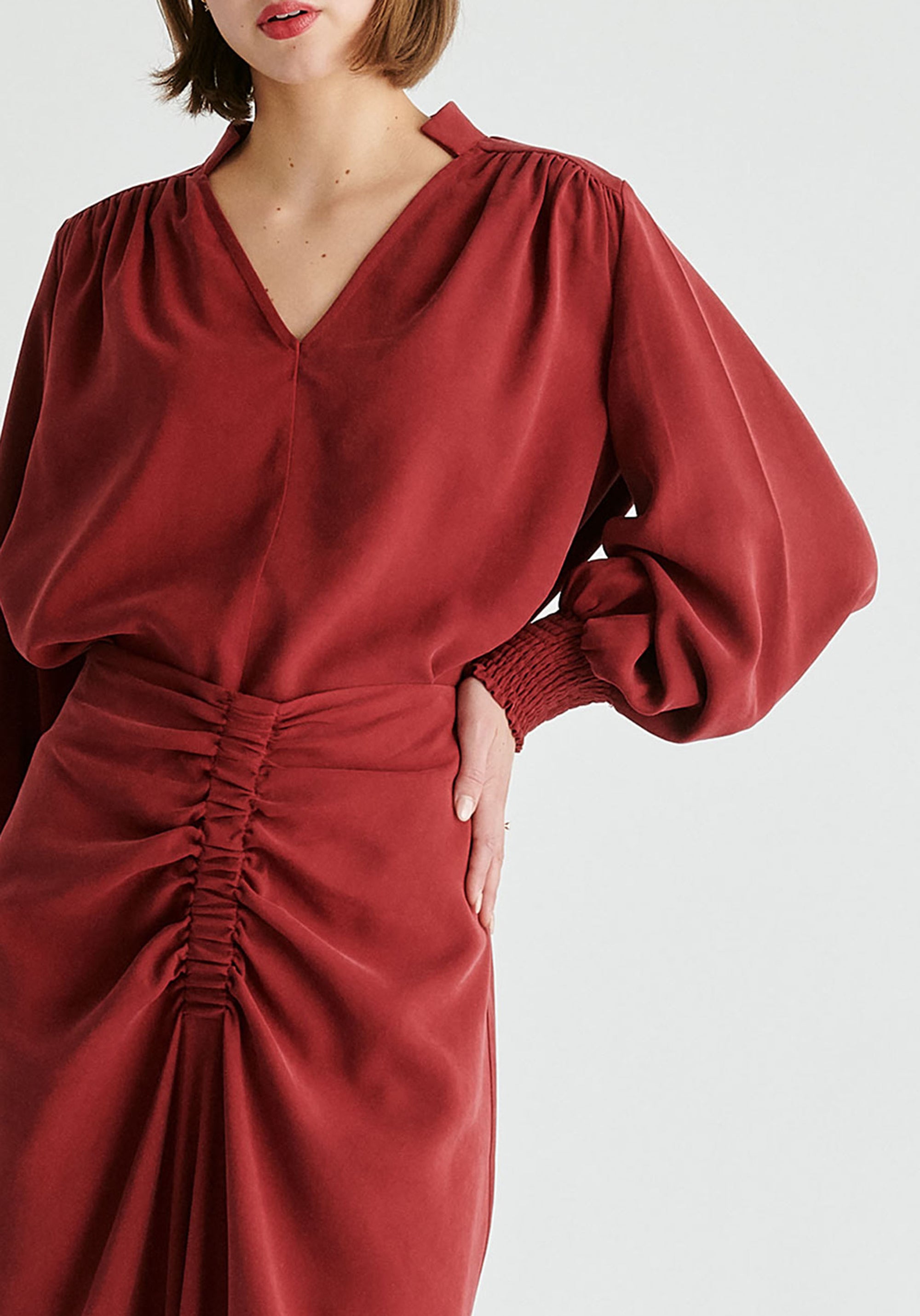 V-Neck Blouse with Gathered Detail in Burgundy Closeup