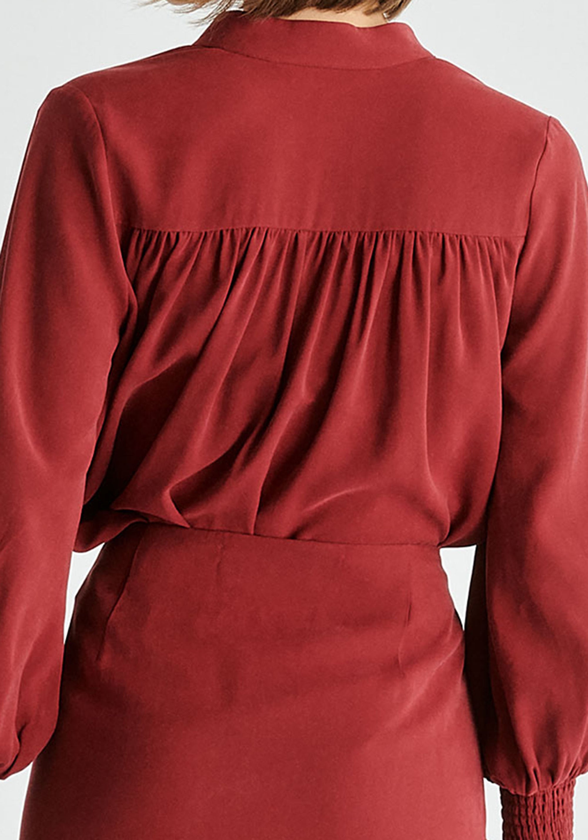 V-Neck Blouse with Gathered Detail in Burgundy Closeup