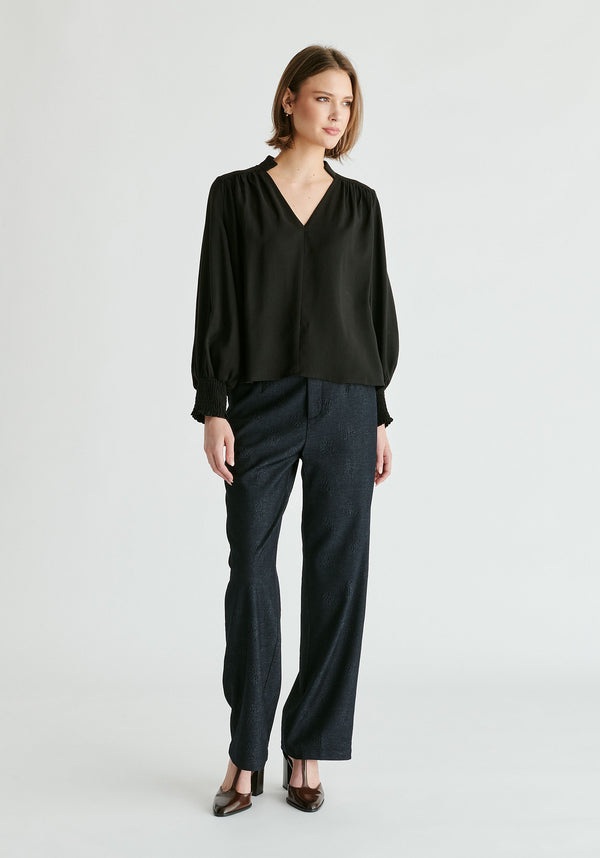 V-Neck Blouse with Gathered Detail in Black Front
