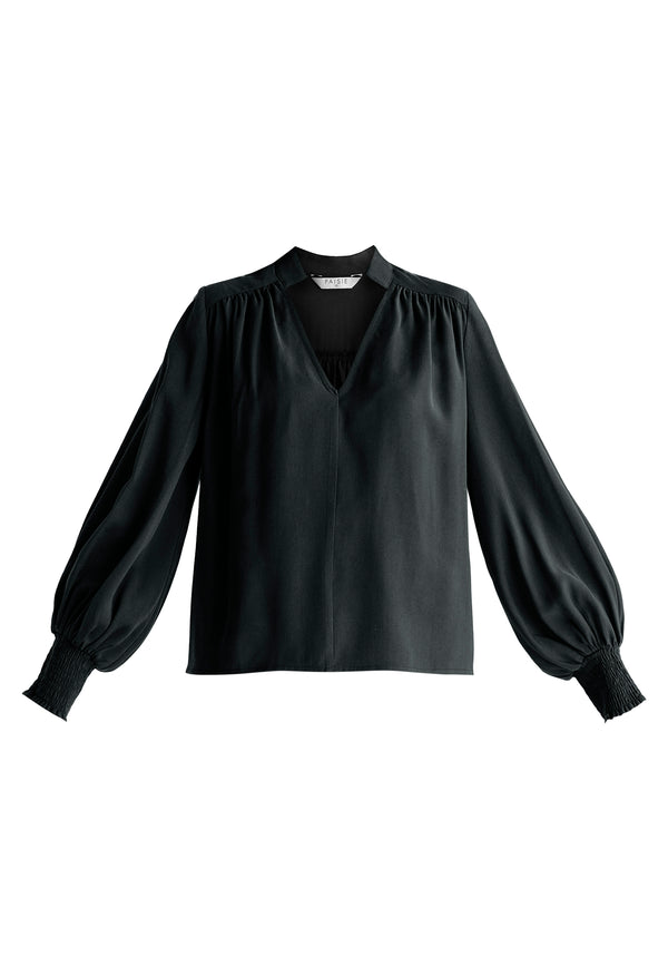 V-Neck Blouse with Gathered Detail in Black Cutout