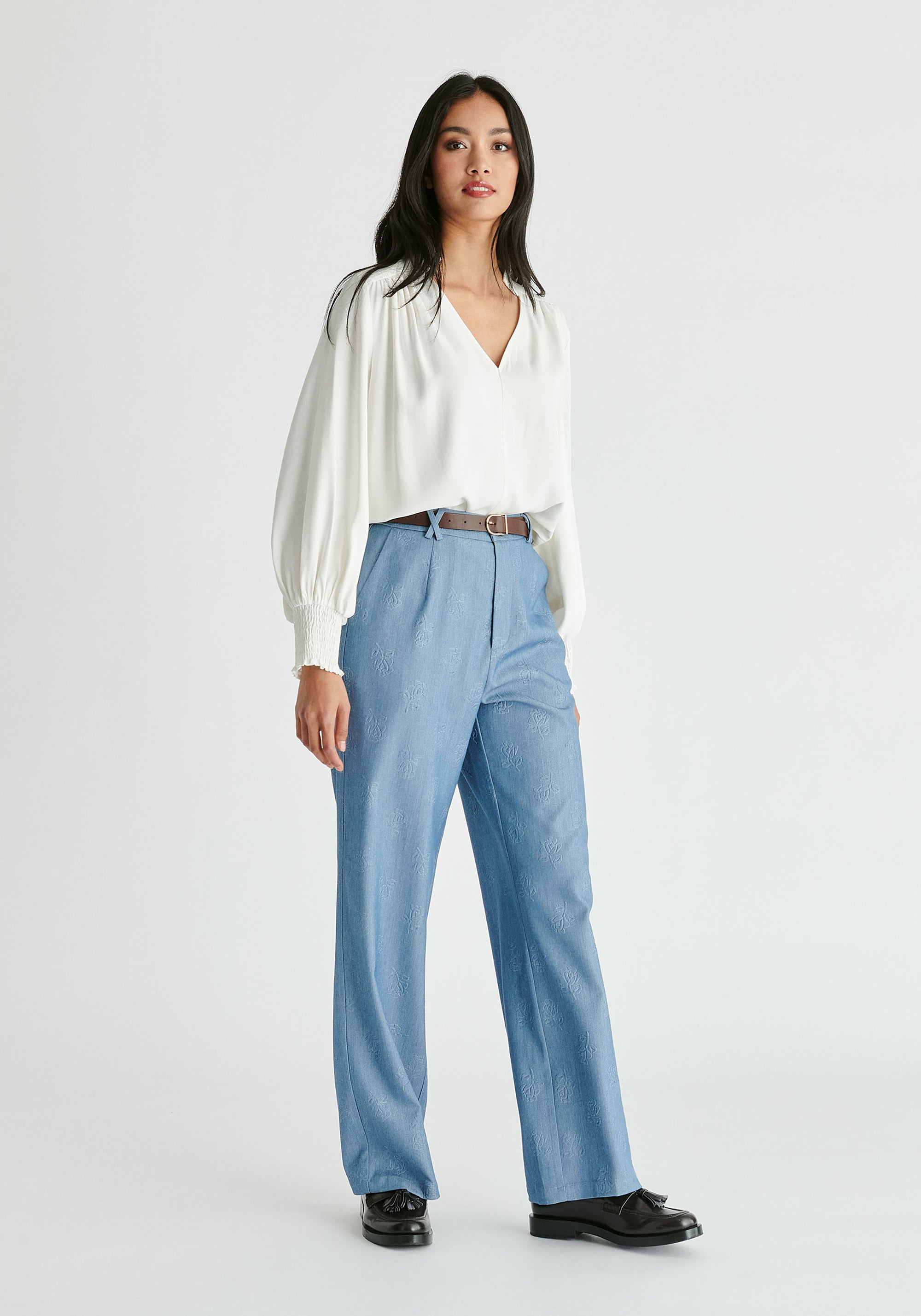 V-Neck Blouse with Gathered Detail in White Front