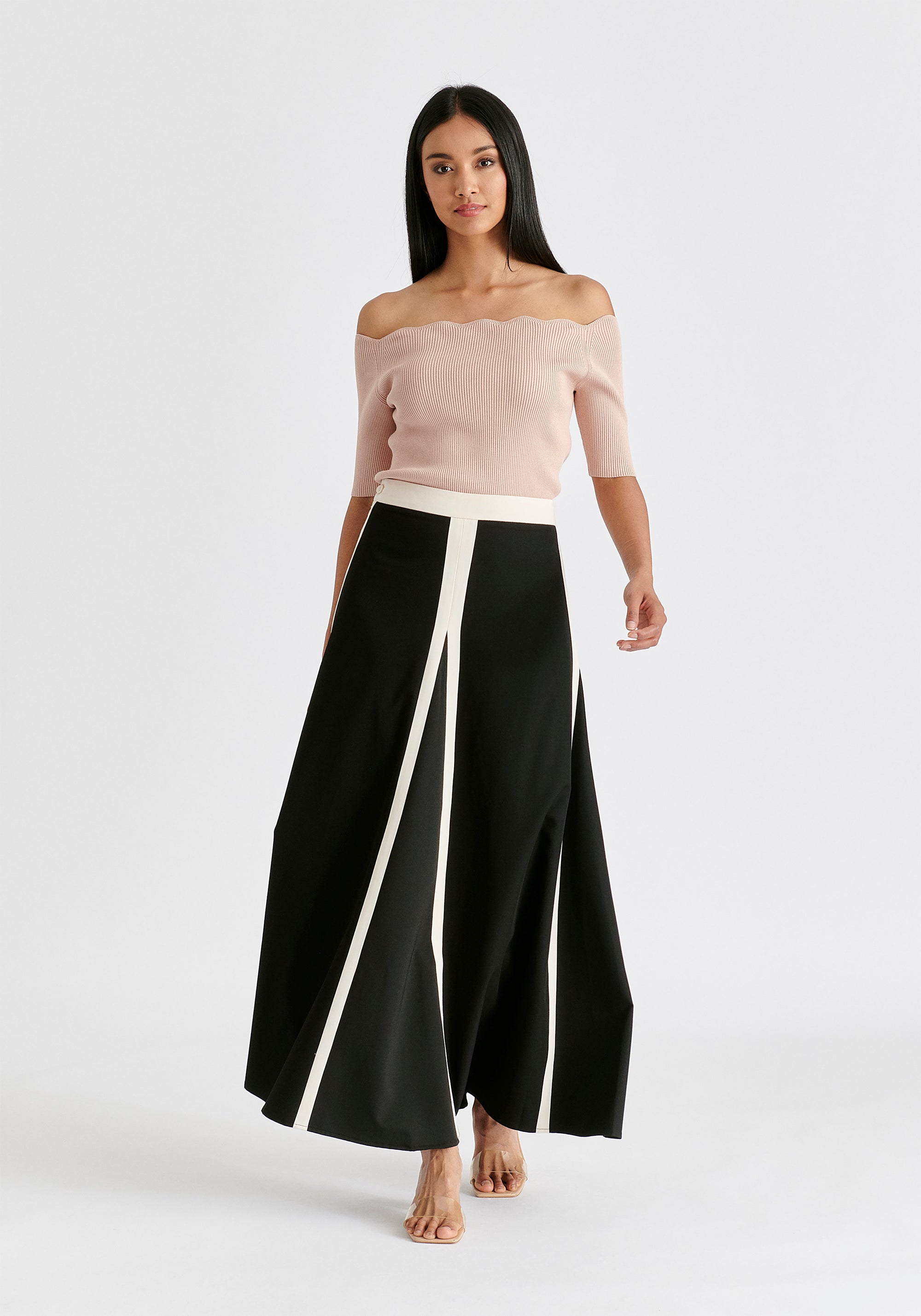 Contrast Trim Maxi Skirt in Black and Beige