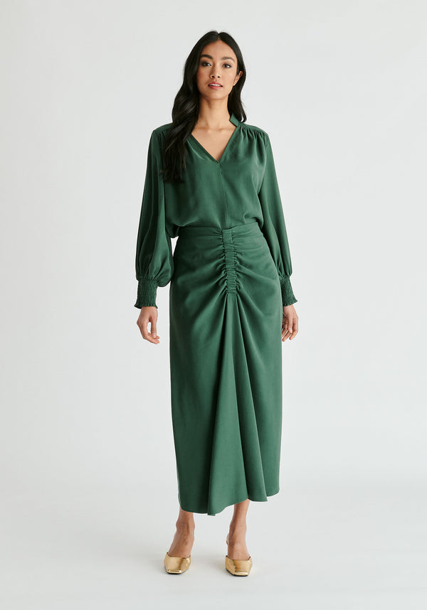 Ruched Front Midi Skirt in Green Front