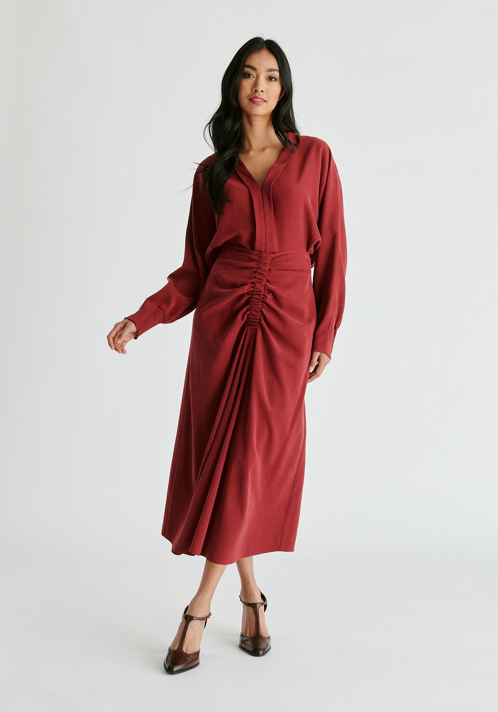 Ruched Front Midi Skirt in Burgundy Front