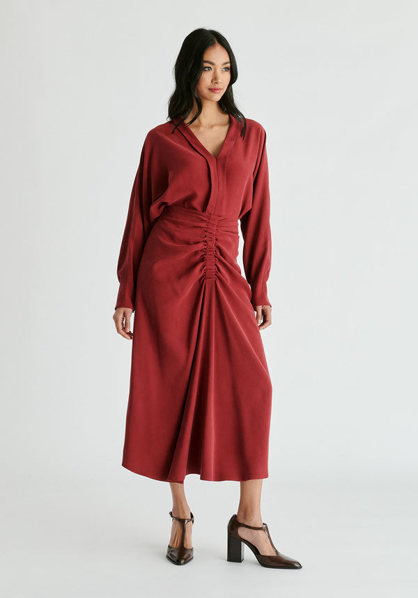 Ruched Front Midi Skirt in Burgundy Front