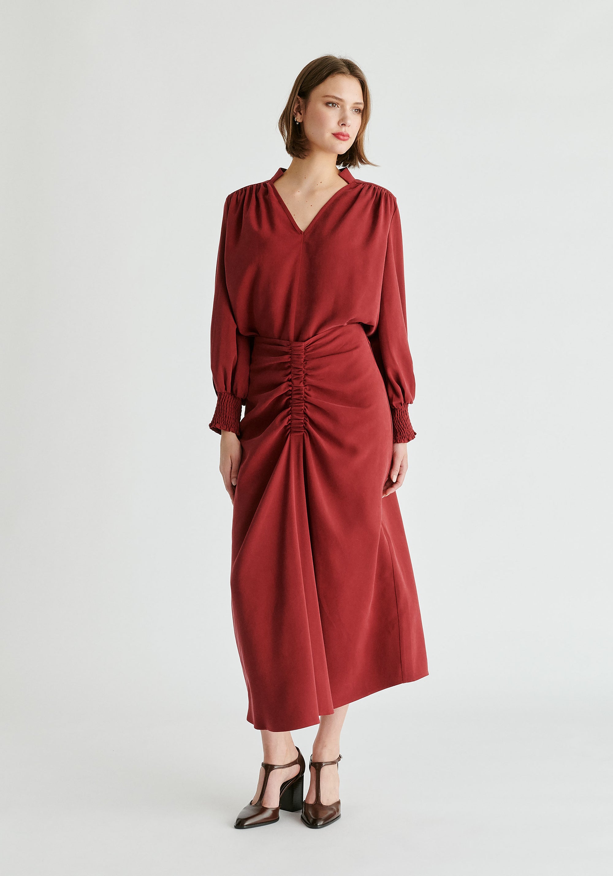 Ruched Front Midi Skirt in Burgundy Front