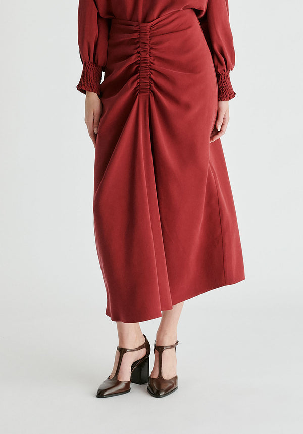 Ruched Front Midi Skirt in Burgundy Closeup
