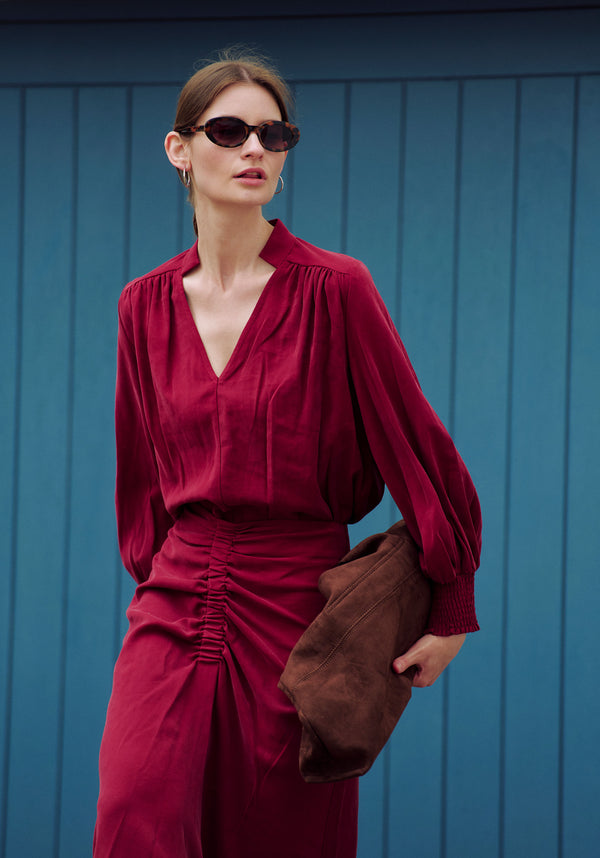 Ruched Front Midi Skirt in Burgundy Photoshoot