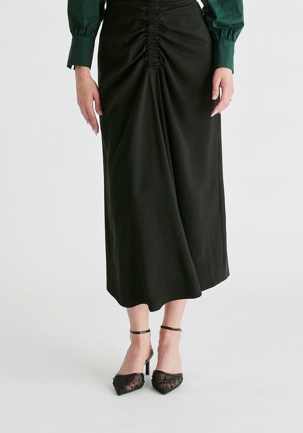 Ruched Front Midi Skirt in Black Closeup