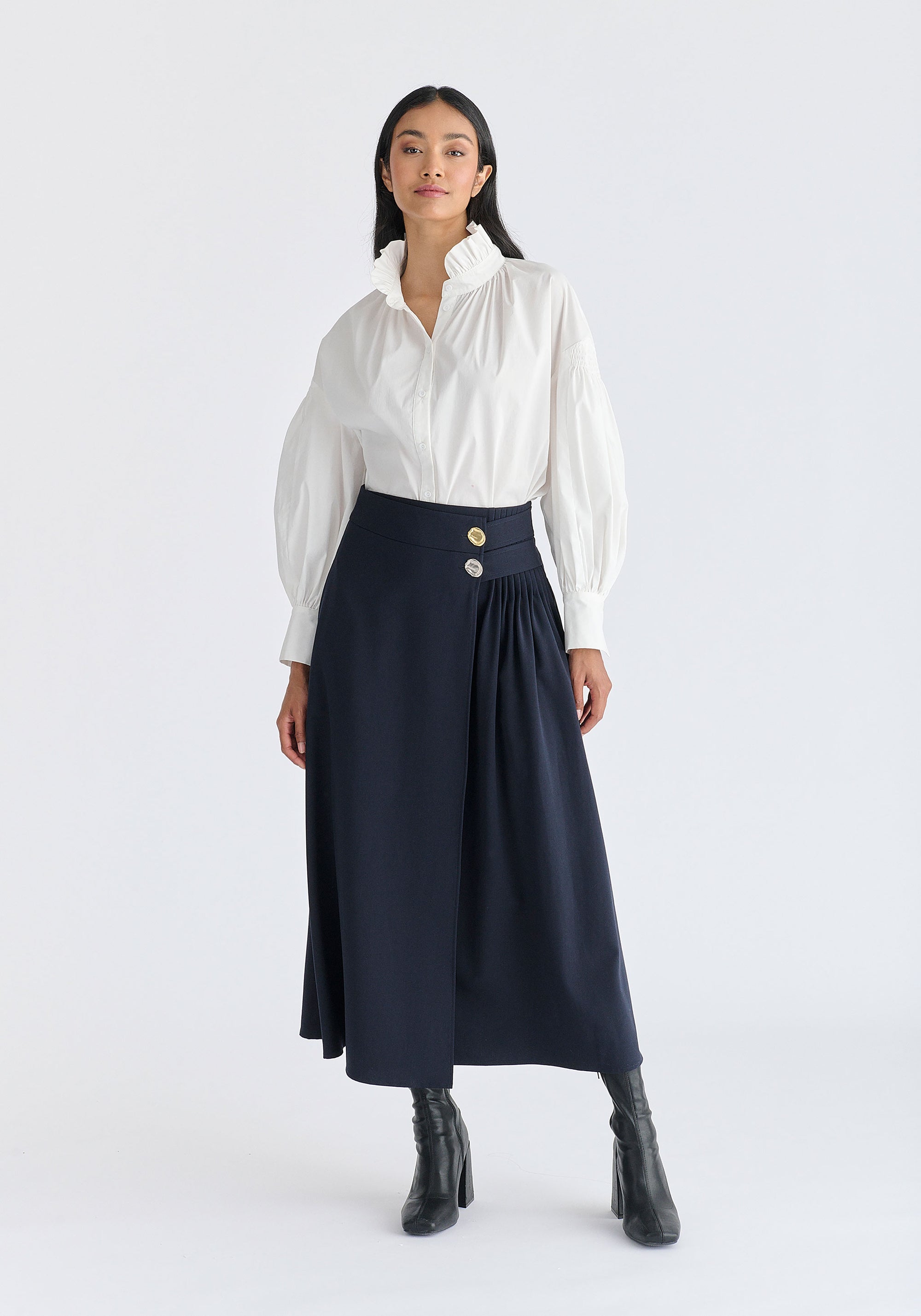 Wrap Midi Skirt with Pleated Detail in Navy