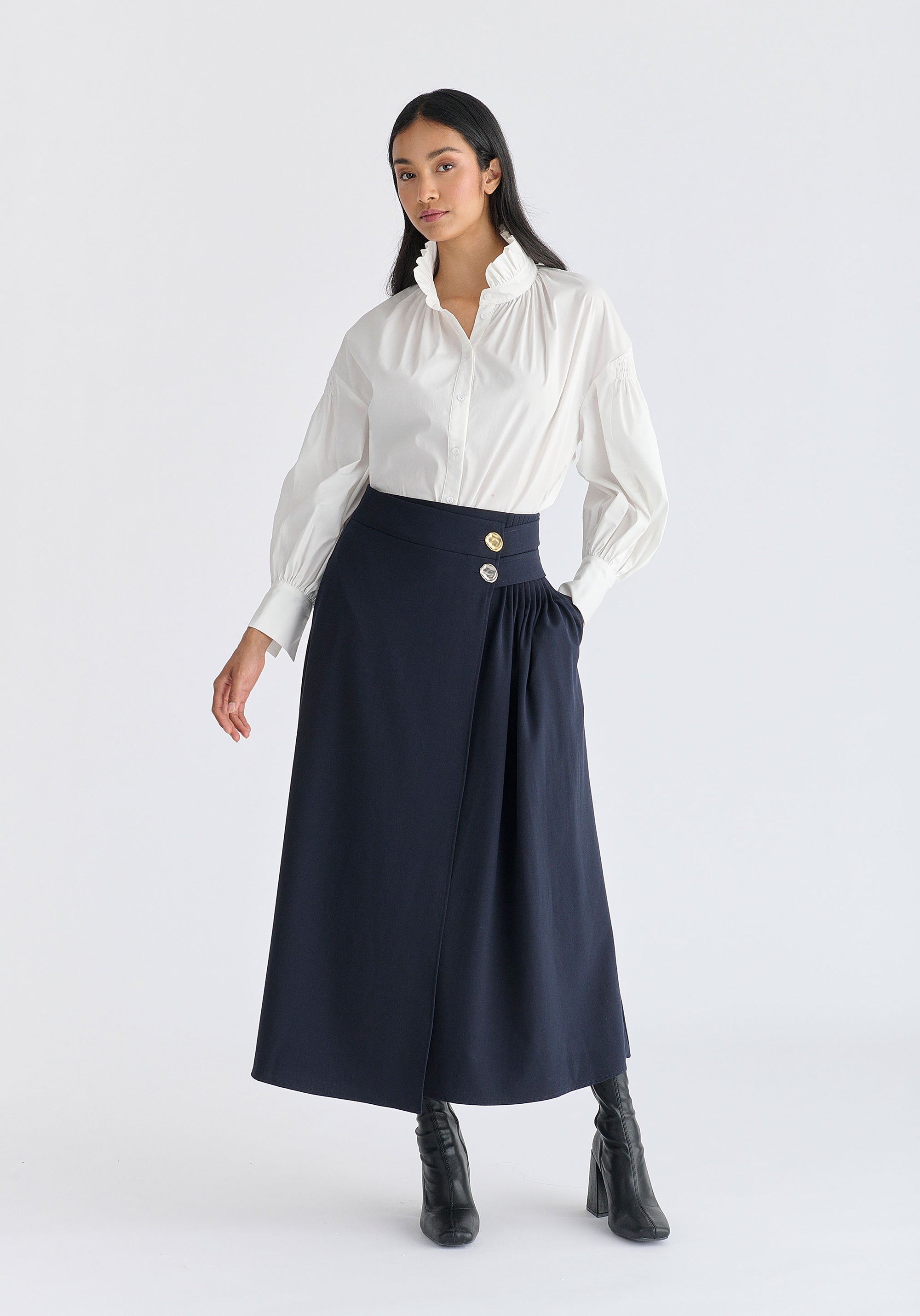 Wrap Midi Skirt with Pleated Detail in Navy Front