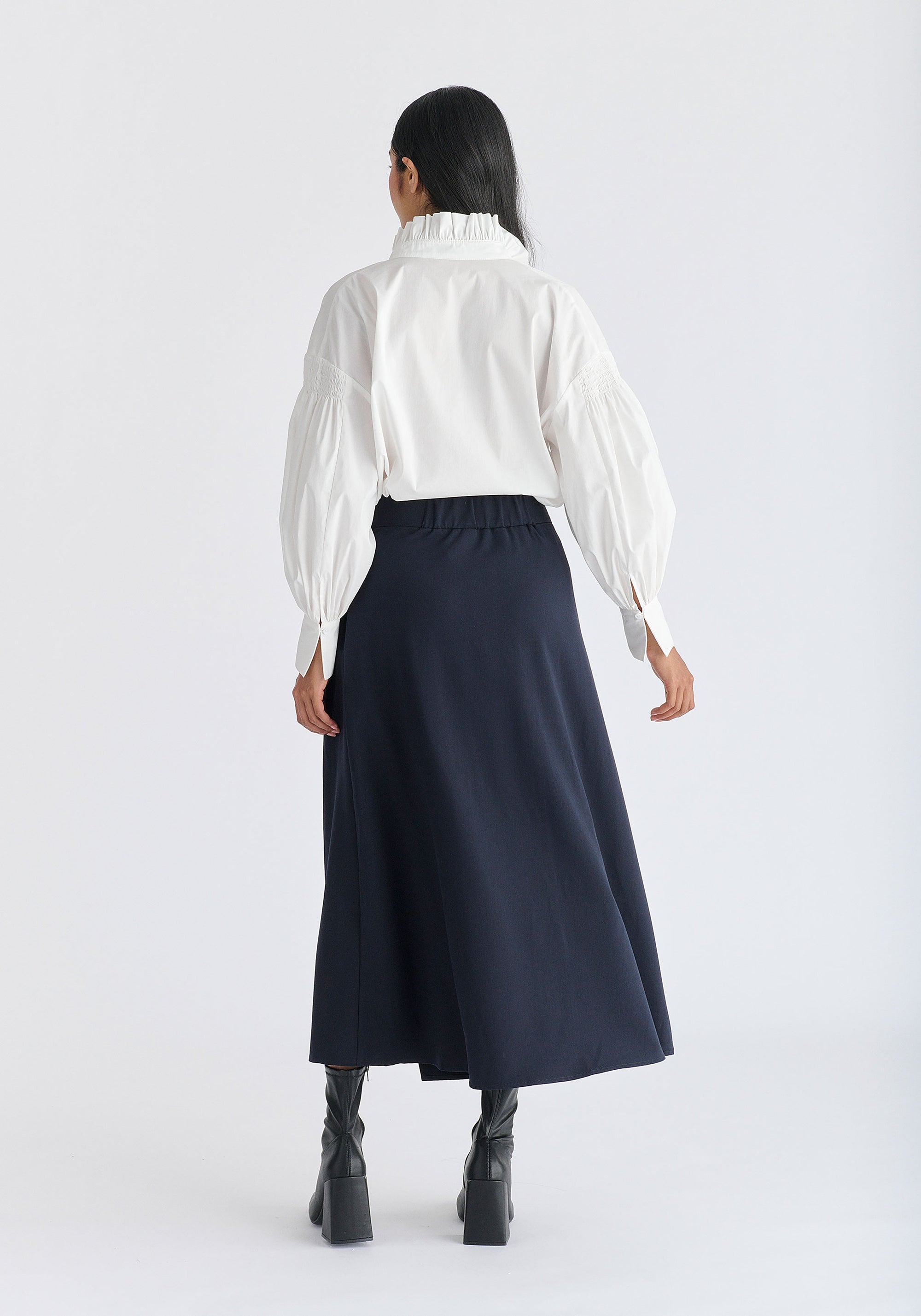 Wrap Midi Skirt with Pleated Detail in Navy Back