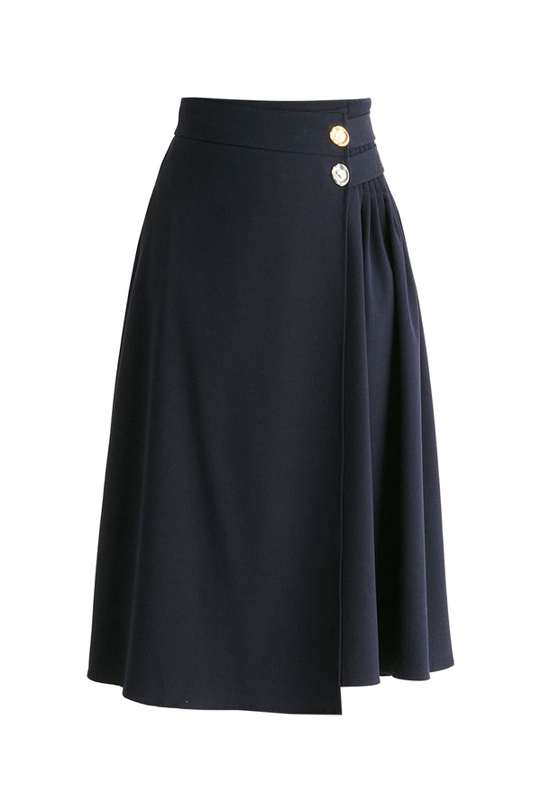 Wrap Midi Skirt with Pleated Detail in Navy Cutout