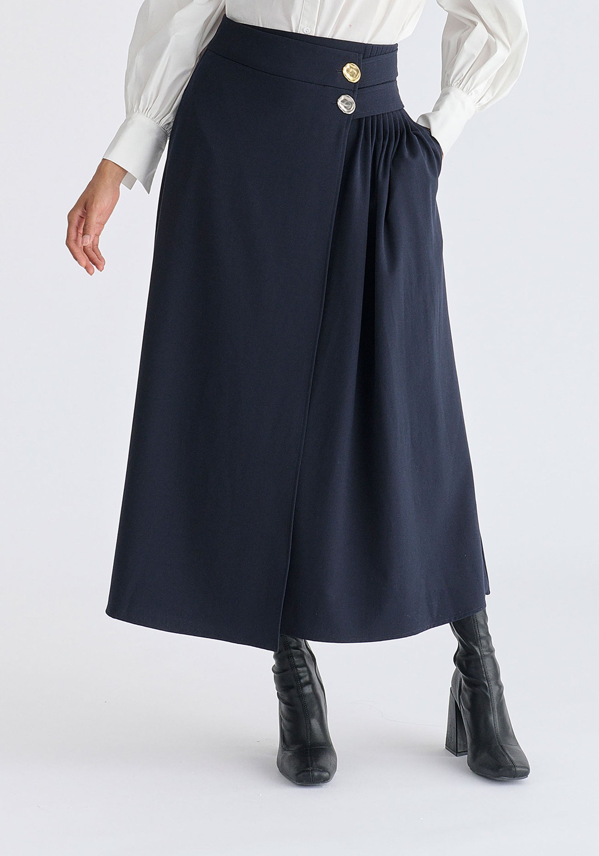 Wrap Midi Skirt with Pleated Detail in Navy Closeup