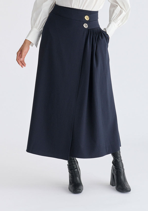 Wrap Midi Skirt with Pleated Detail in Navy Closeup