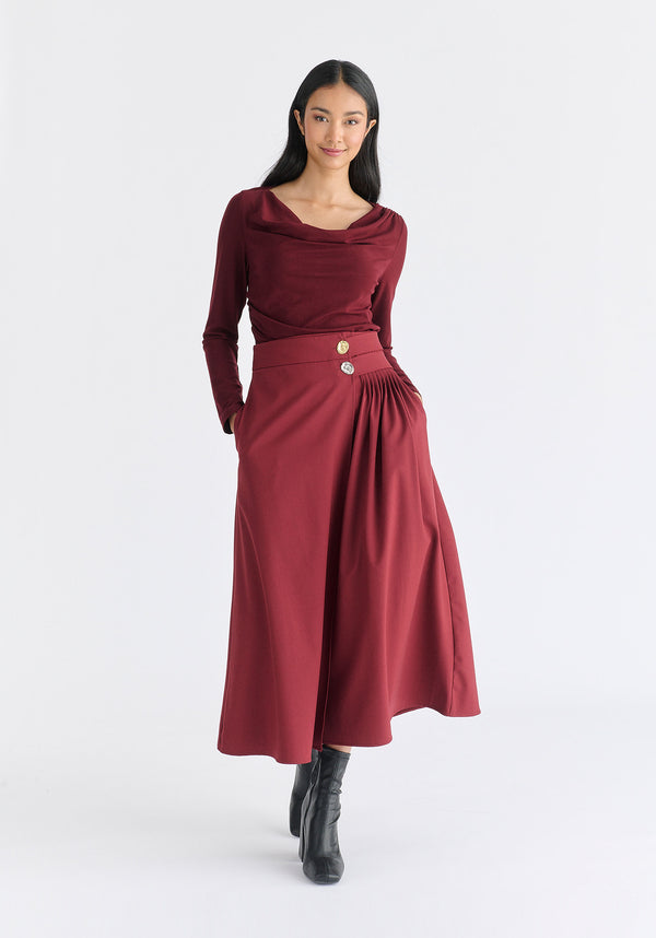 Wrap Midi Skirt with Pleated Detail in Burgundy Front