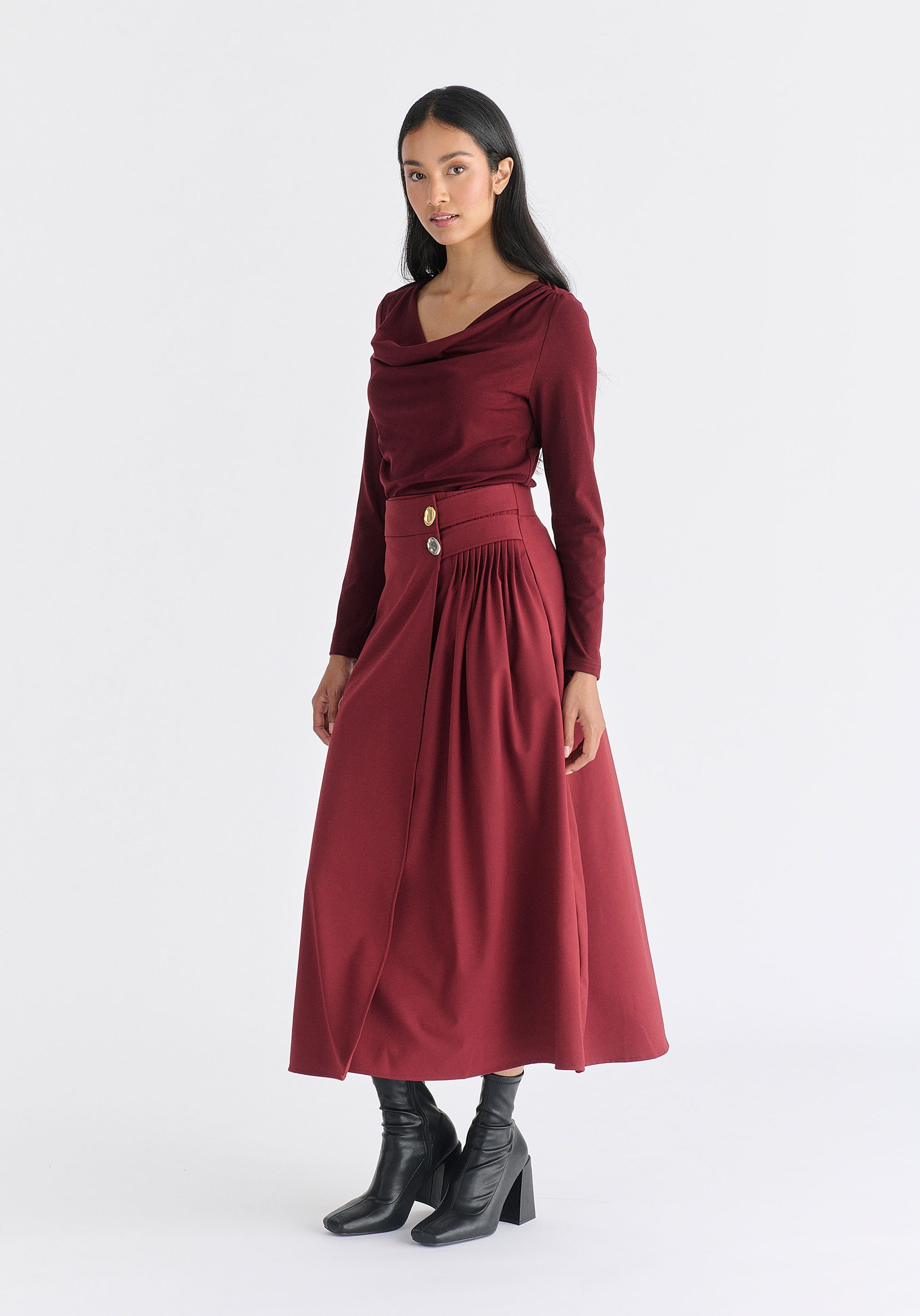 Wrap Midi Skirt with Pleated Detail in Burgundy Side