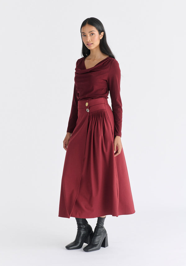 Wrap Midi Skirt with Pleated Detail in Burgundy Side