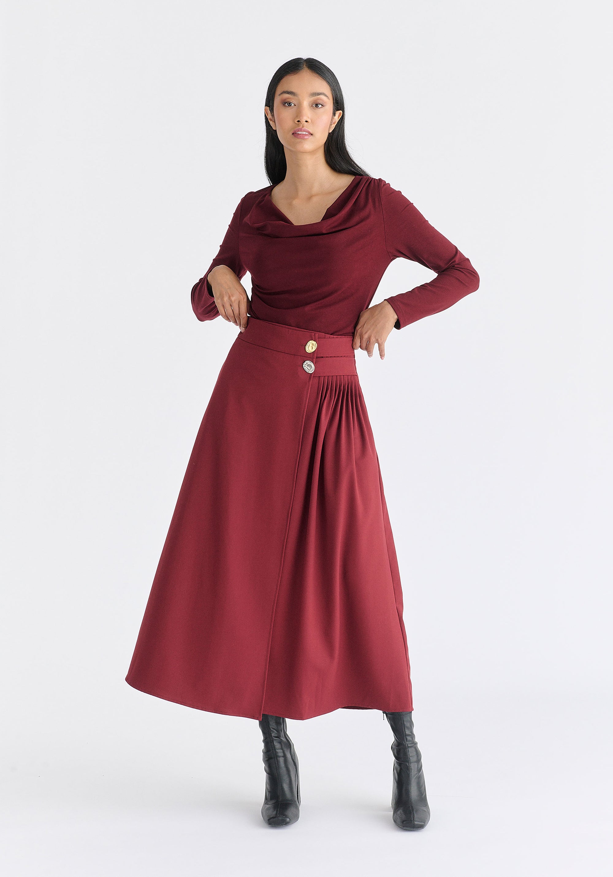 Wrap Midi Skirt with Pleated Detail in Burgundy Front