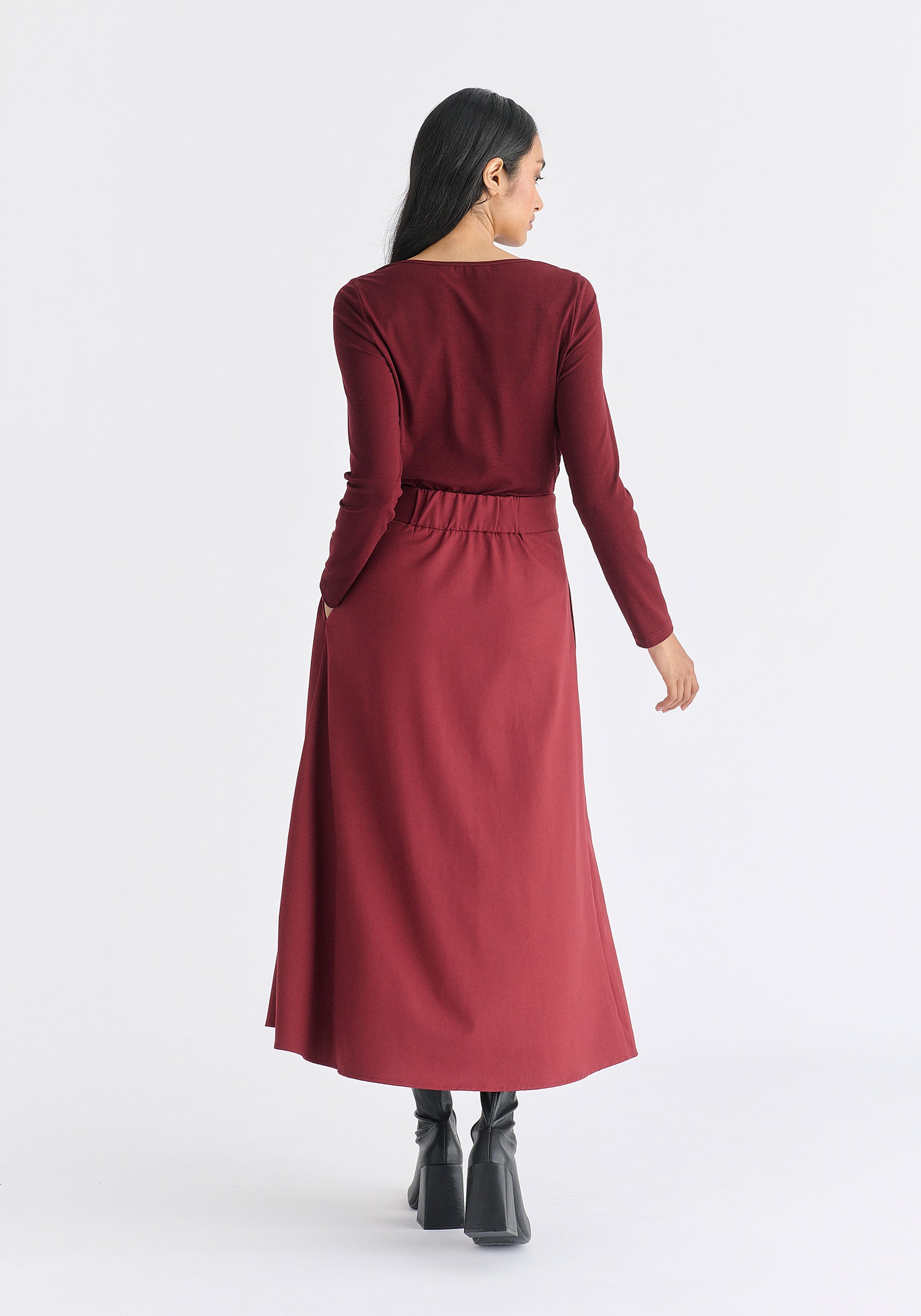 Wrap Midi Skirt with Pleated Detail in Burgundy Back