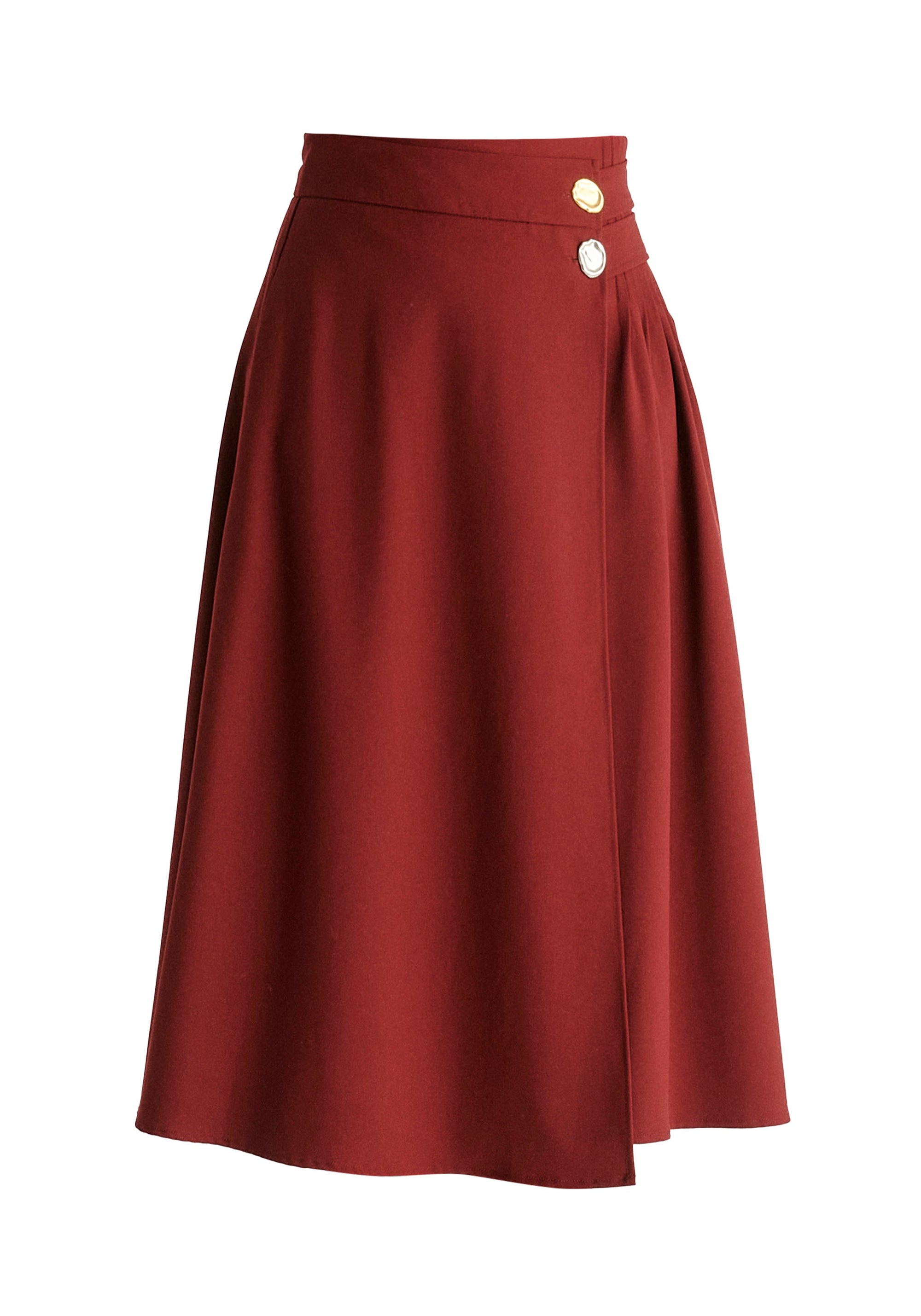 Wrap Midi Skirt with Pleated Detail in Burgundy Cutout